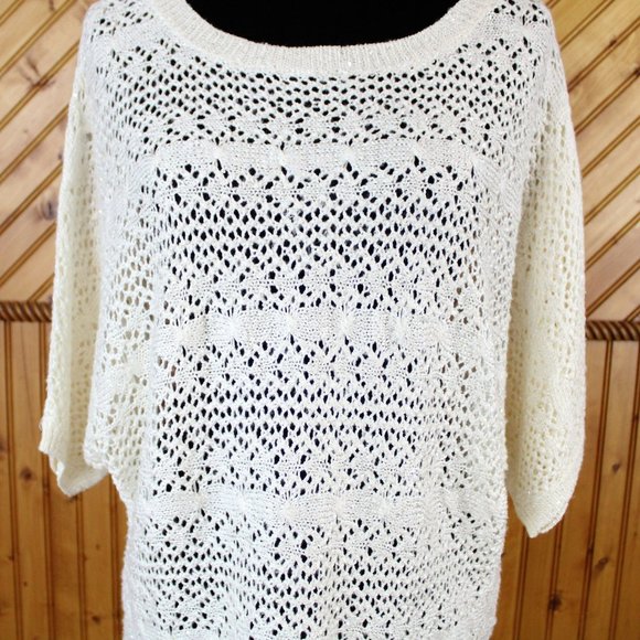 La Chapelle Sport Sweater White Silver Sequins Open Knit Large High Low CA136 - Picture 11 of 11